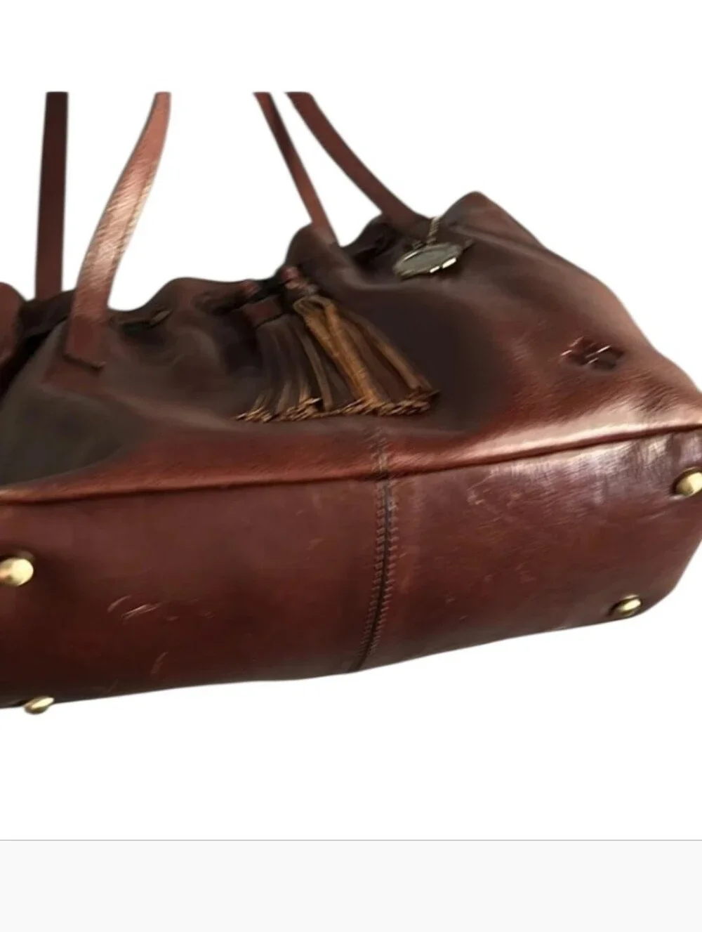Patricia Nash Witney leather drawstring shoulder tote in a rich British Tan